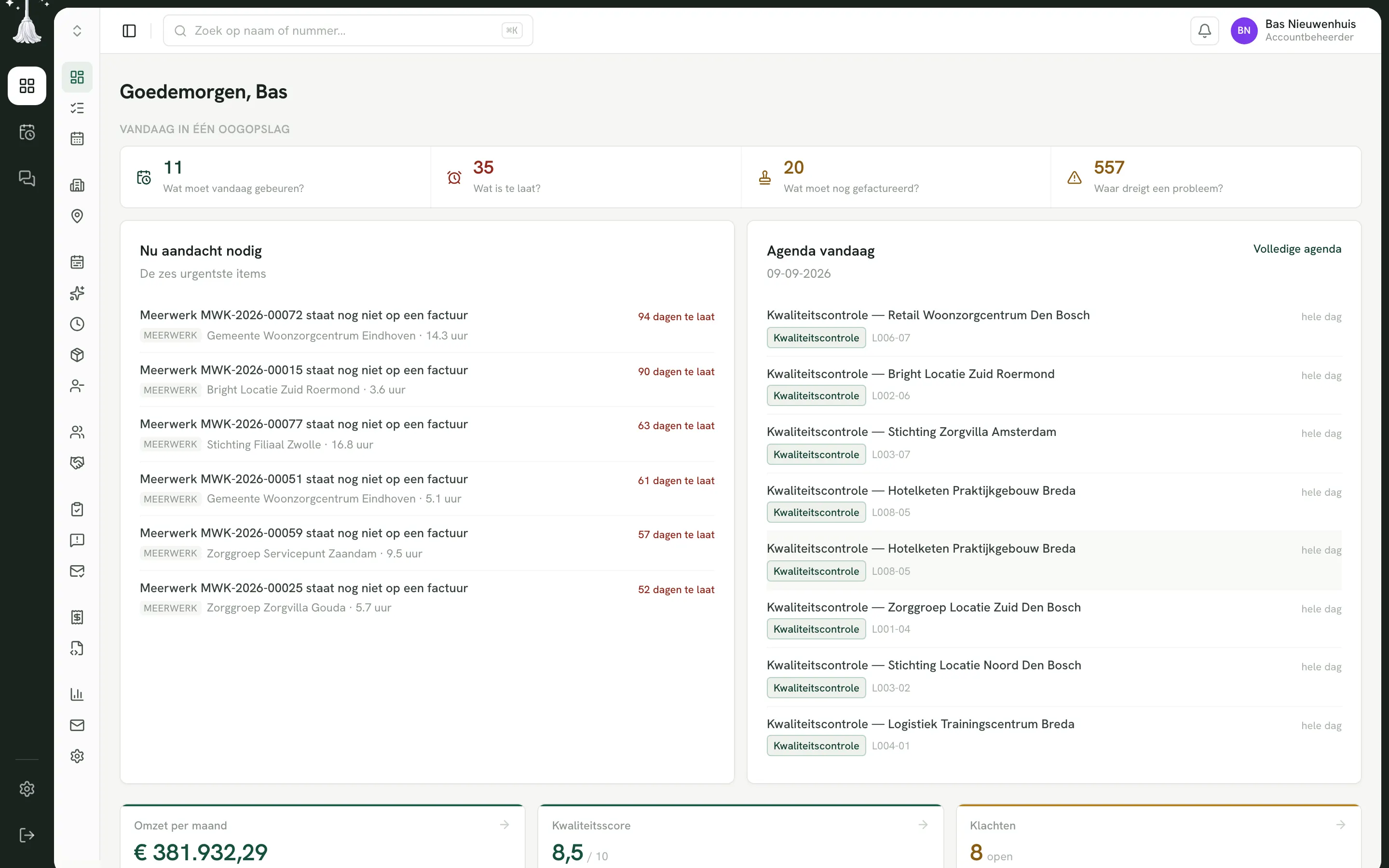 Het dashboard van CleanerTrack